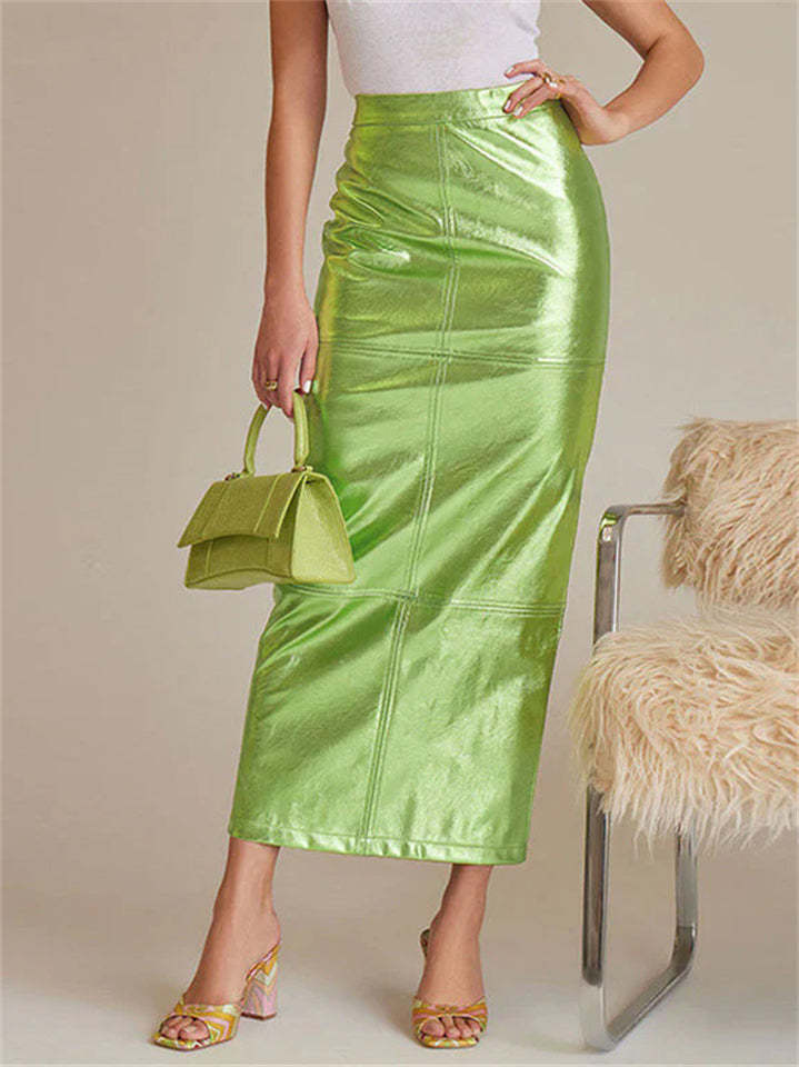 Women's Trendy PU Leather Glossy Solid Color Back Slit Skirts