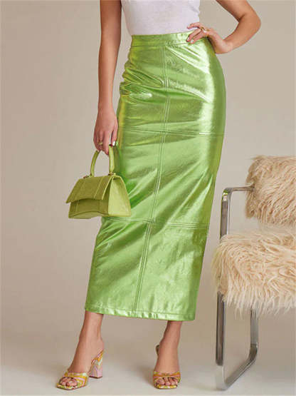 Women's Trendy PU Leather Glossy Solid Color Back Slit Skirts
