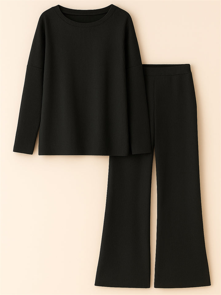 Women's 2Pcs Simple Comfy Solid Color Drop Shoulder Round Neck Outfit