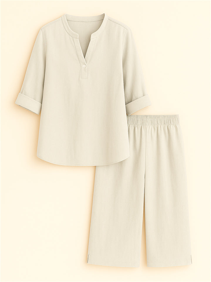 Summer Holiday Style V Neck Solid Color Top & Shorts Set for Women