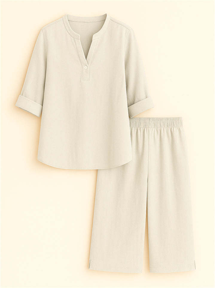 Summer Holiday Style V Neck Solid Color Top & Shorts Set for Women