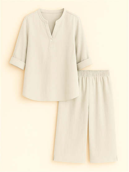 Summer Holiday Style V Neck Solid Color Top & Shorts Set for Women