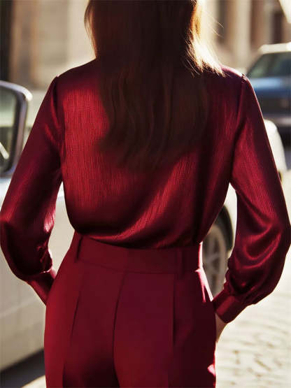 Ladies' Sexy French Style Wine Red Button Up Long Sleeve Blouses