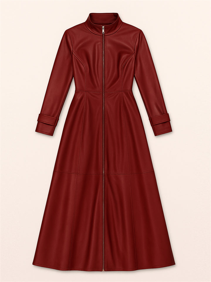 Women's Retro Solid Color Zip Up Stand Collar Slim Fit PU Leather Dress