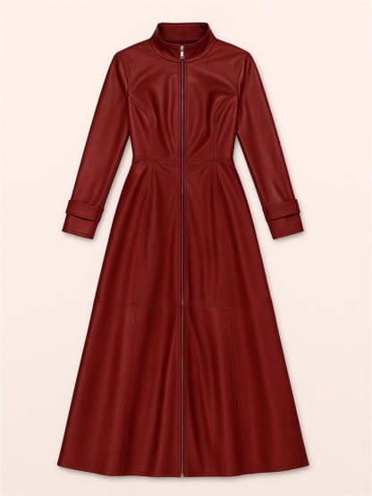 Women's Retro Solid Color Zip Up Stand Collar Slim Fit PU Leather Dress