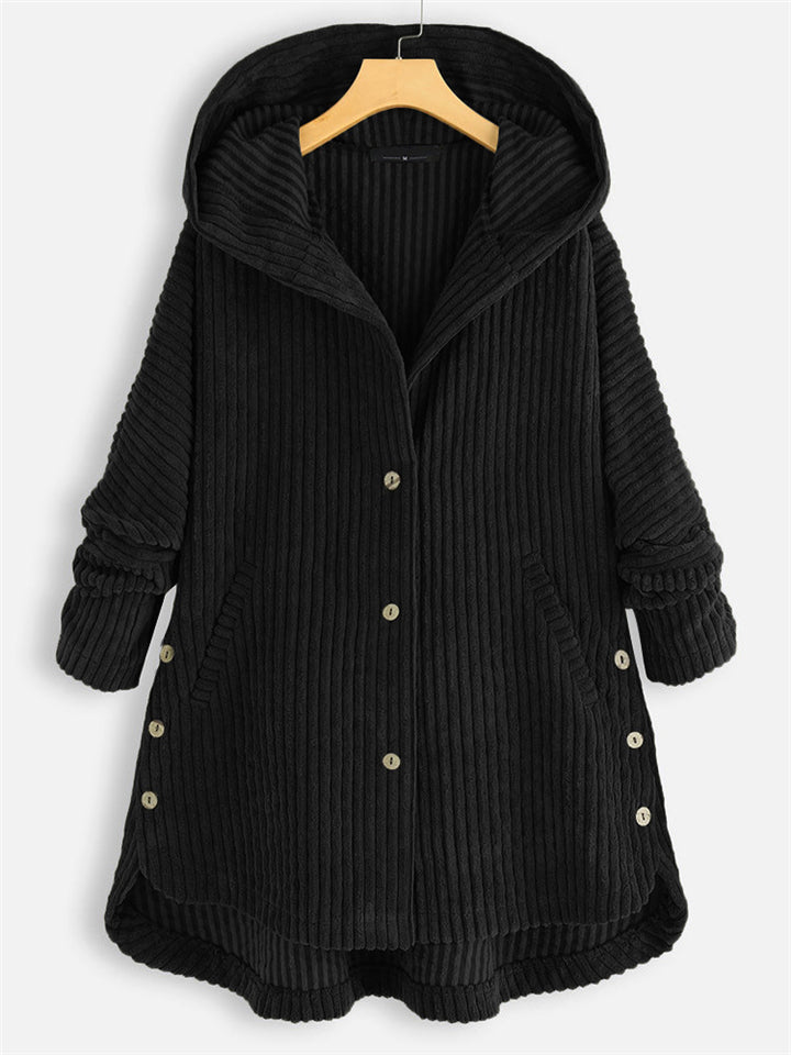 Autumn Solid Color Asymmetric Hem Corduroy Hooded Coat for Women