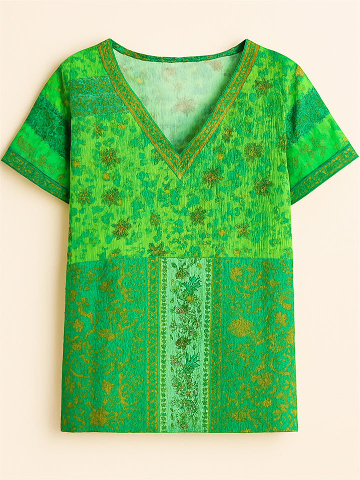 Summer Holiday Style Floral Print V Neck T-Shirt for Women