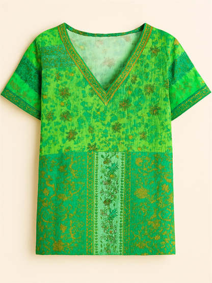 Summer Holiday Style Floral Print V Neck T-Shirt for Women