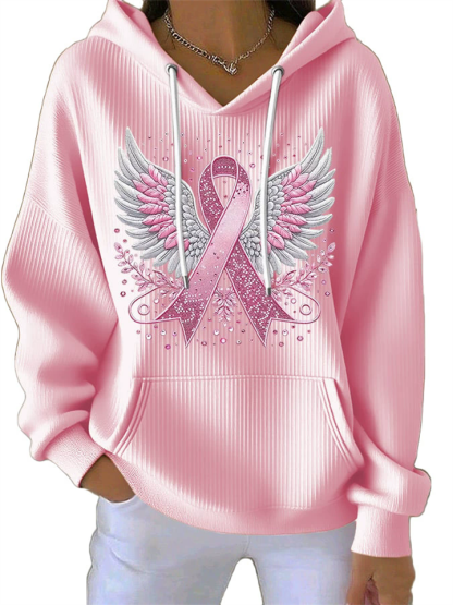Female's Wings& Ribbon Print Long-sleeved Kangaroo Pocket Hoodies