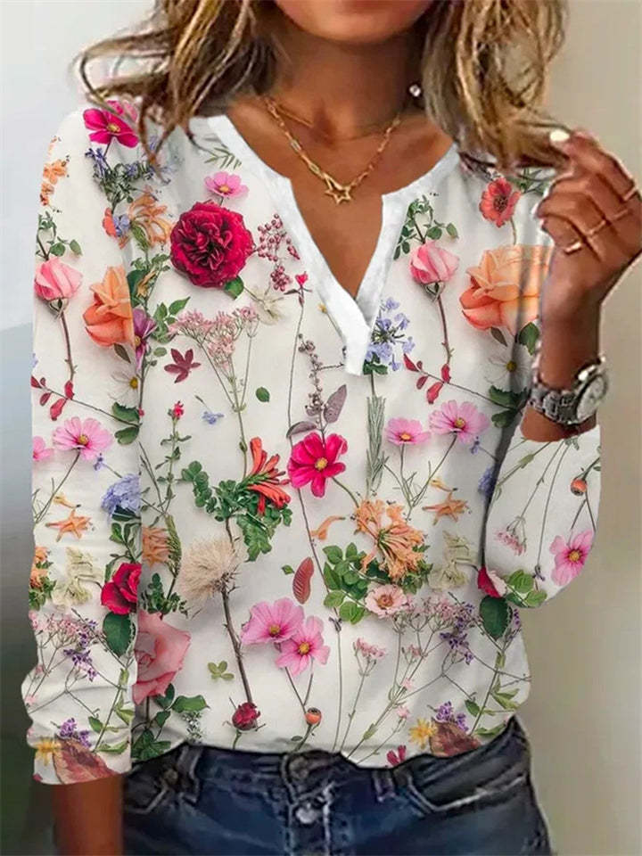 Women's Floral Print V-neck Pullover Long Sleeve Shirts