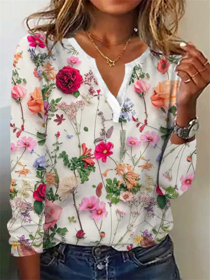 Women's Floral Print V-neck Pullover Long Sleeve Shirts