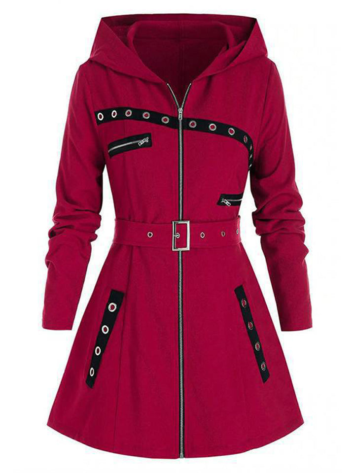 Women's Classic Autumn Belted Pockets Mid Length Hooded Coats