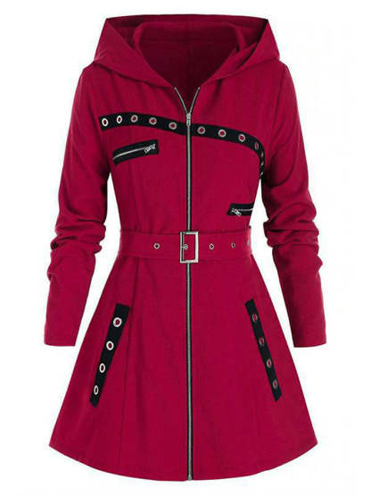 Women's Classic Autumn Belted Pockets Mid Length Hooded Coats