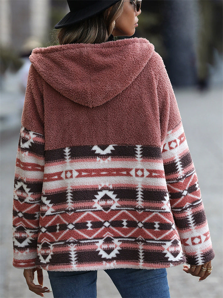 Female's Autumn Contrast Color Printed Patchwork Hooded Fleece Coats