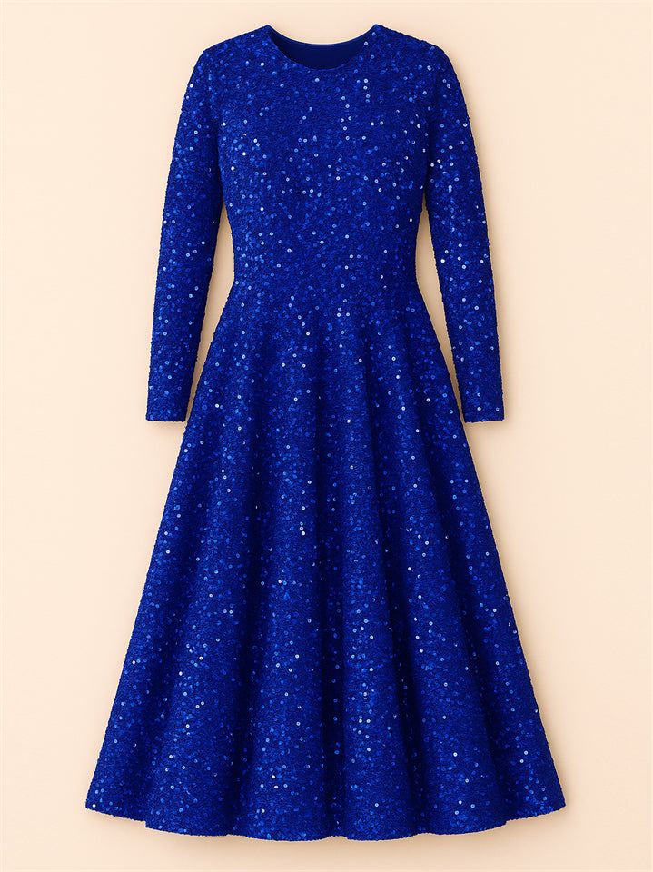 Trendy Sequined Solid Color Long Sleeve Big Hem Maxi Dress