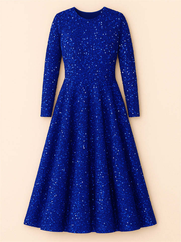 Trendy Sequined Solid Color Long Sleeve Big Hem Maxi Dress