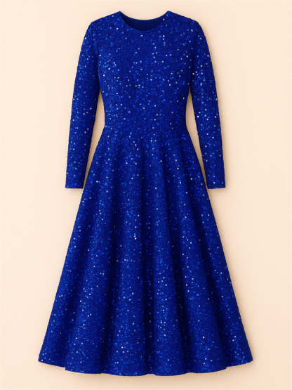 Trendy Sequined Solid Color Long Sleeve Big Hem Maxi Dress