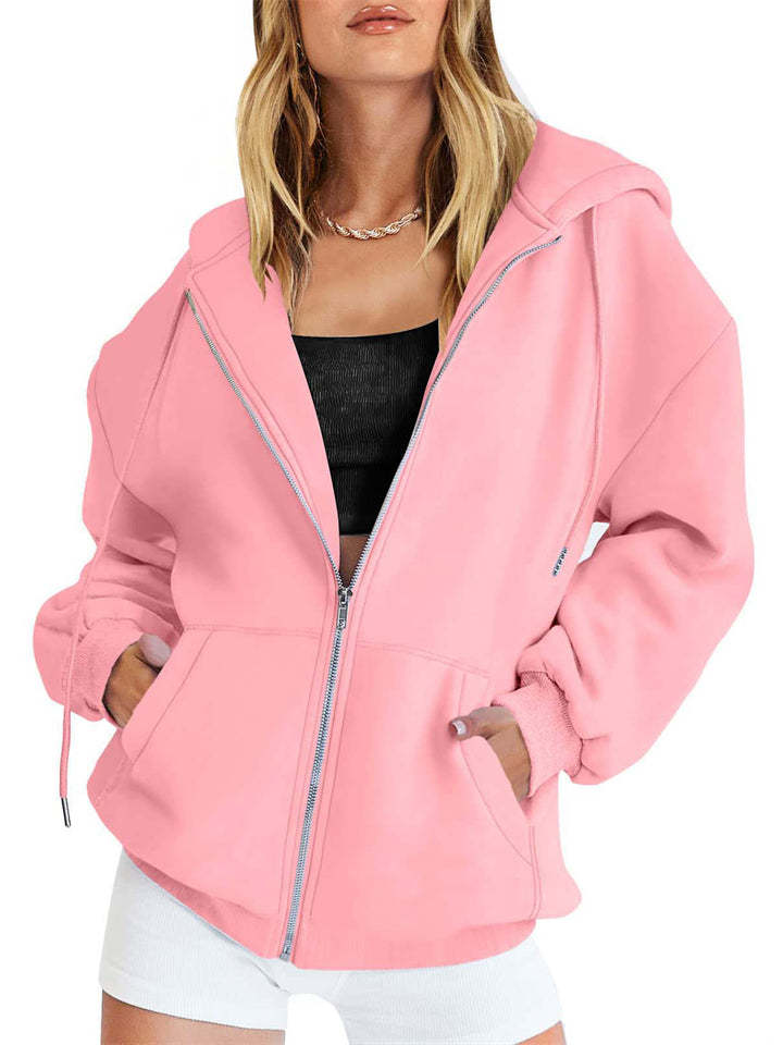 Ladies Trendy Solid Color Zip Up Long Sleeve Hoodies