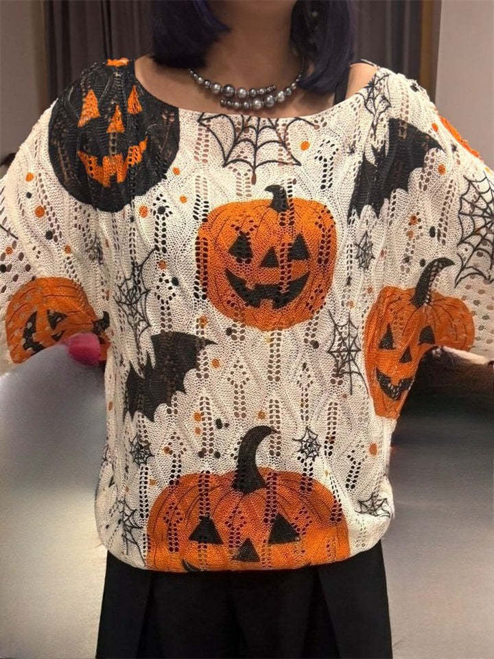 Hollow Halloween Style Pumpkin Print Round Neck Sweater for Women