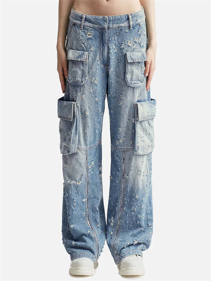 Trendy Women's Blue Wide Leg Cargo Ripped Denim Pants