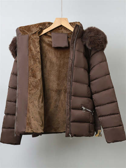 Winter Solid Color Belted Fleeced Coat with Faux Fur Collar