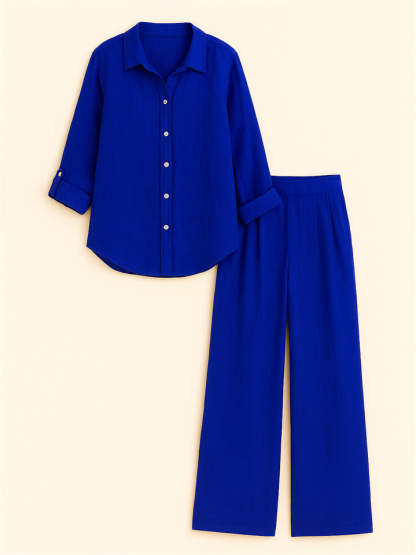 Casual Holiday Style Lapel Solid Color Long Sleeve Shirt & Pant Set