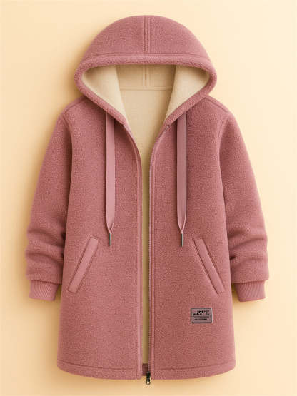 Women's Simple Zip Up Mid-Length Hooded Fleece Coats