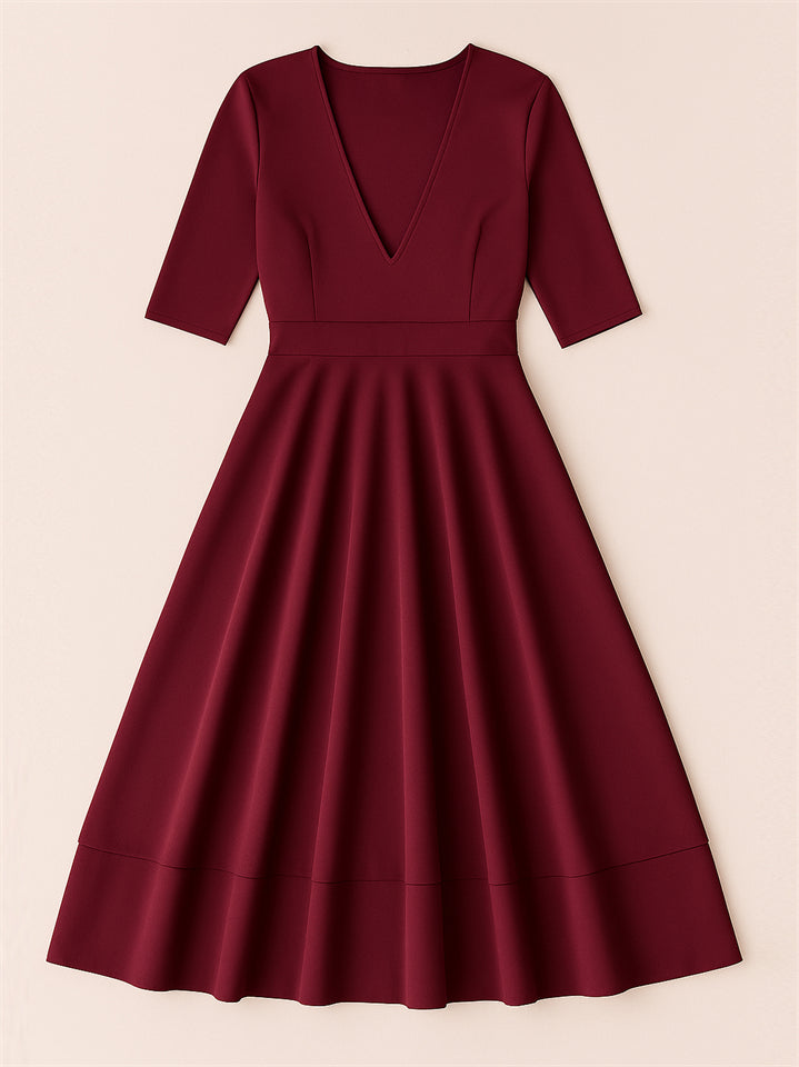 Ladies' Elegant Deep-V Neck Solid Color Half Sleeve Midi Dress