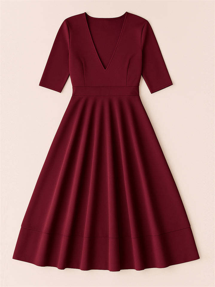 Ladies' Elegant Deep-V Neck Solid Color Half Sleeve Midi Dress