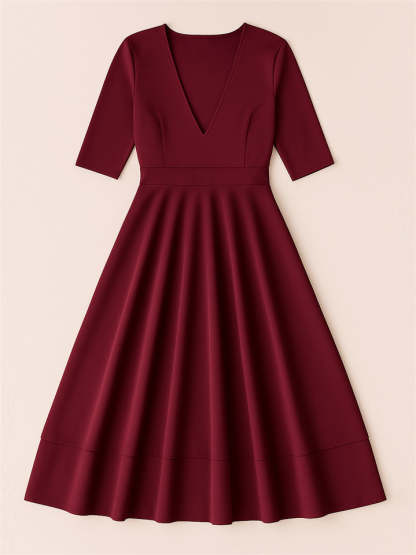 Ladies' Elegant Deep-V Neck Solid Color Half Sleeve Midi Dress