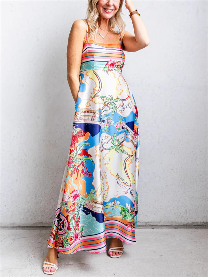 Ladies' Comfy Holiday Style Beach Printed Big Hem Strap Dress