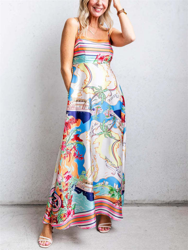Ladies' Comfy Holiday Style Beach Printed Big Hem Strap Dress