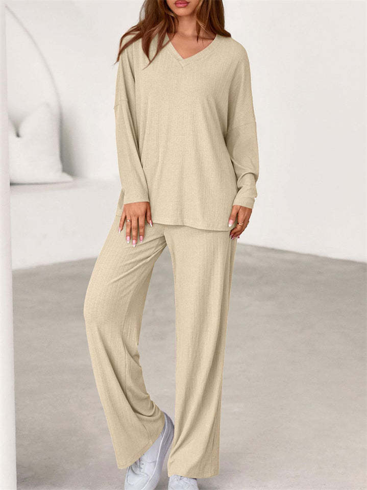 Loose Solid Color Autumn V Neck Drop Shoulder Long Sleeve Outfit for Women