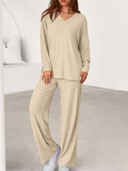 Loose Solid Color Autumn V Neck Drop Shoulder Long Sleeve Outfit for Women