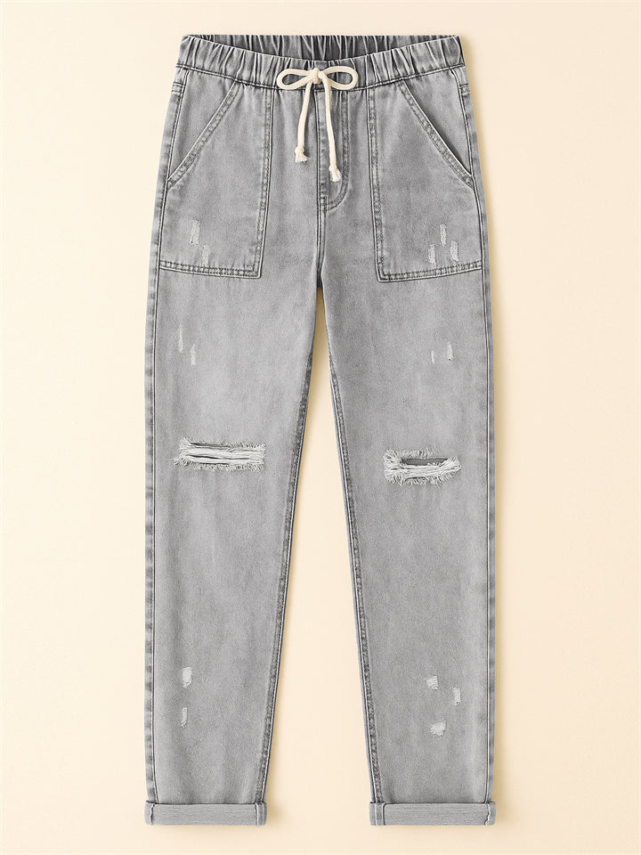 Women's Elastic Waist Solid Color Ripped Jeans