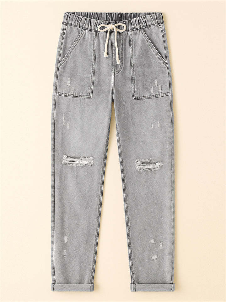 Women's Elastic Waist Solid Color Ripped Jeans