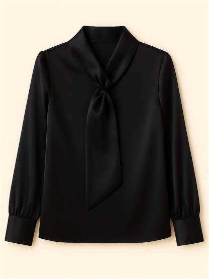 Ladies' Elegant Satin Solid Color Lace Up Long Sleeve Blouses