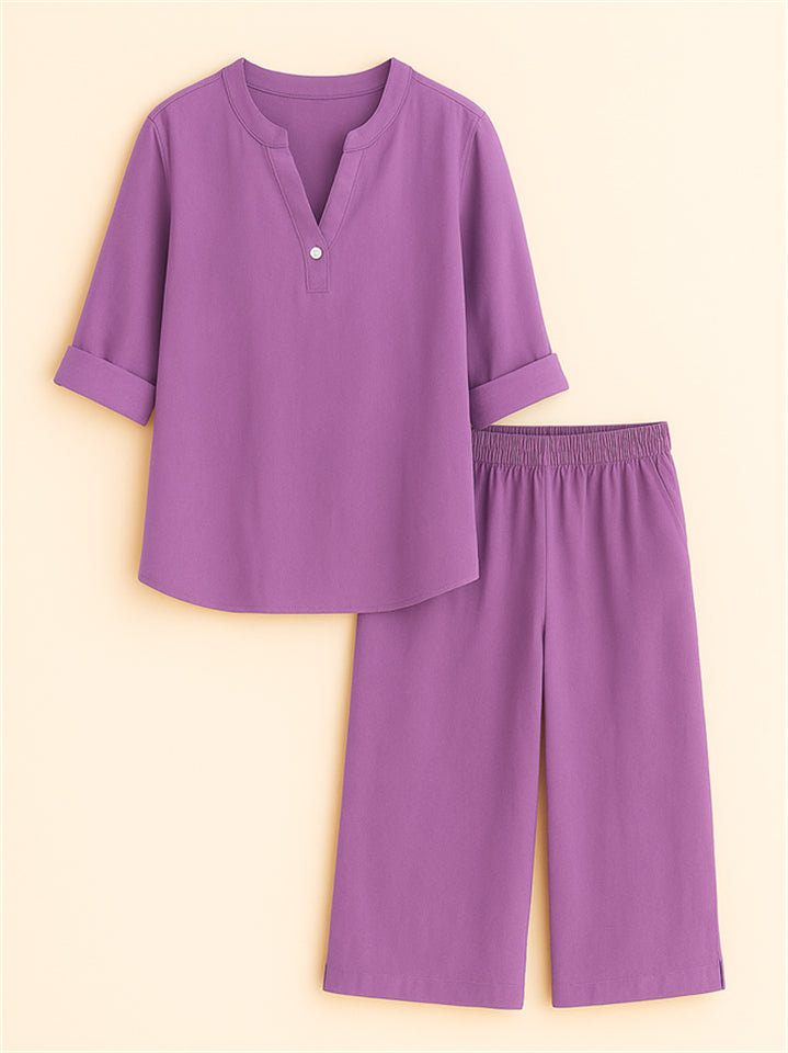 Summer Holiday Style V Neck Solid Color Top & Shorts Set for Women