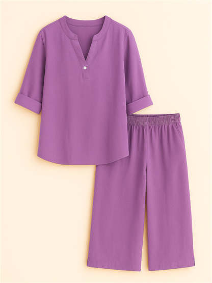Summer Holiday Style V Neck Solid Color Top & Shorts Set for Women