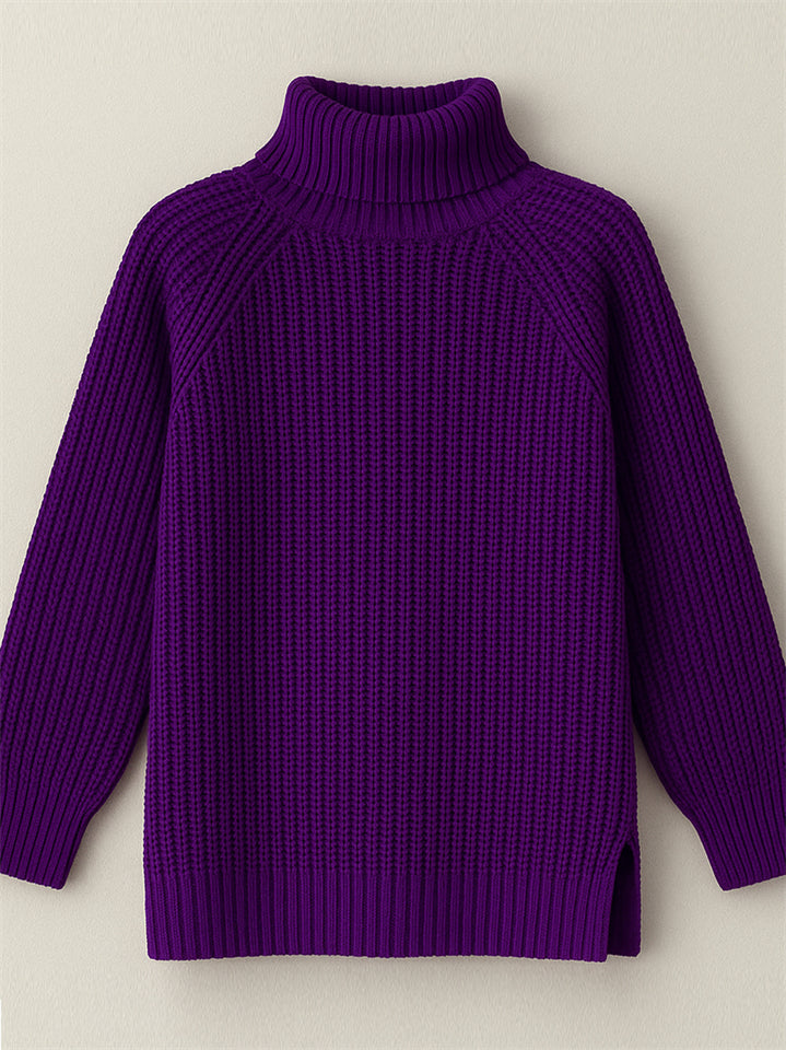 Women's Solid Color Turtleneck Split Hem Long Sleeve Knitted Sweaters