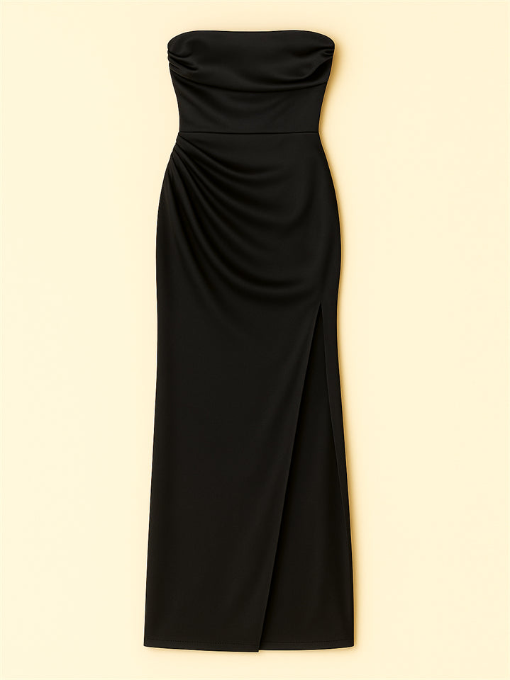 Ladies' Sexy Satin Strapless Ruched Side Split Evening Dresses