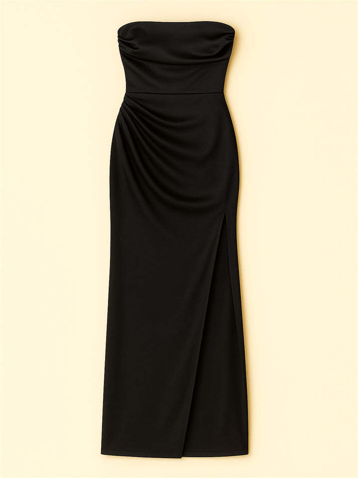 Ladies' Sexy Satin Strapless Ruched Side Split Evening Dresses