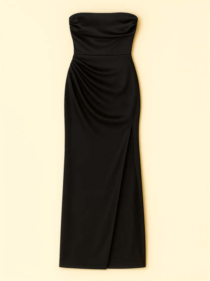Ladies' Sexy Satin Strapless Ruched Side Split Evening Dresses