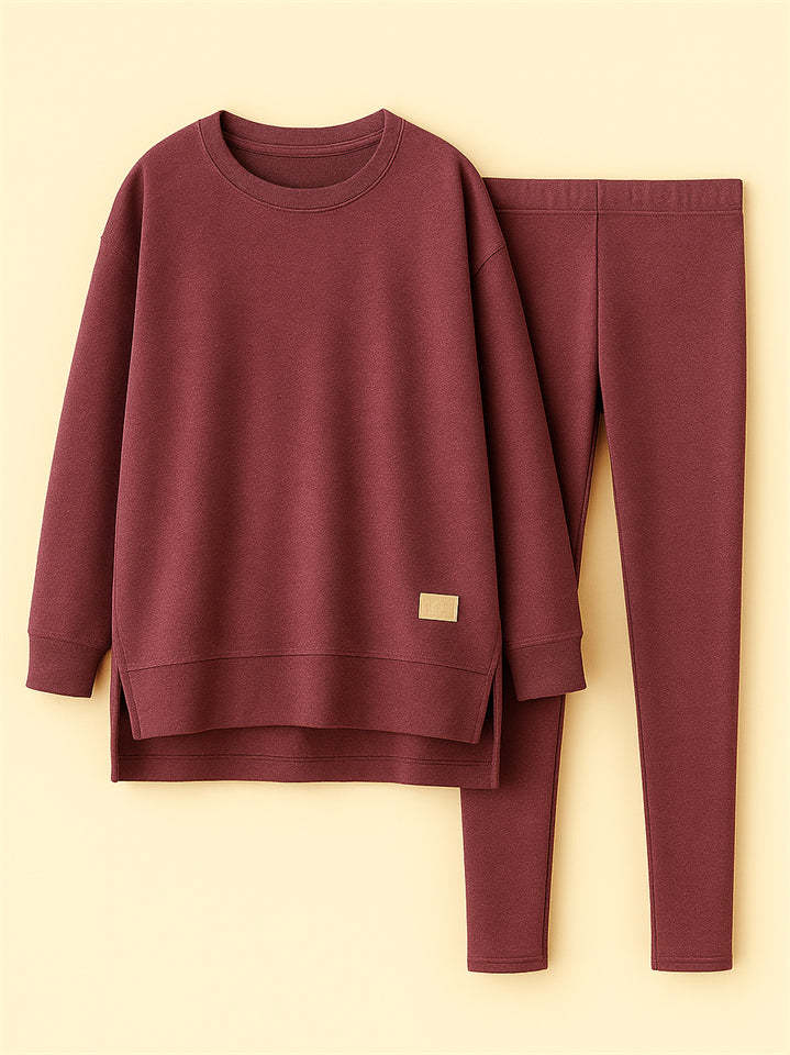 Women's Casual Round Neck Solid Color Asymmetric Hem Sweatshirts & Sweatpants Outfit