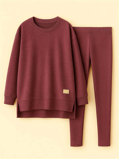 Women's Casual Round Neck Solid Color Asymmetric Hem Sweatshirts & Sweatpants Outfit