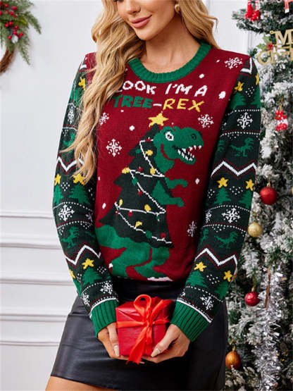Women's Autumn Creative Dinosaur Jacquard Round Neck Pullover Christmas Sweaters