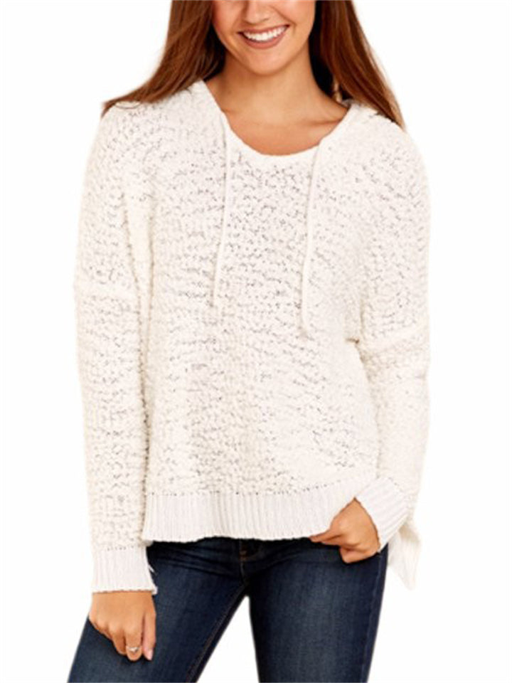 Women's Stylish Autumn White Pullover Knitted Long Sleeve Hoodies