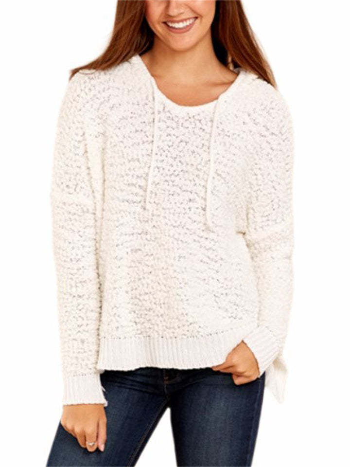 Women's Stylish Autumn White Pullover Knitted Long Sleeve Hoodies