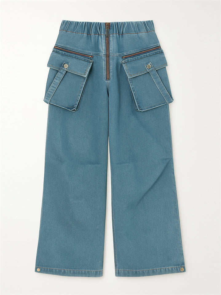 Vintage Pockets Solid Color Wide Leg Distressed Denim Pants for Women