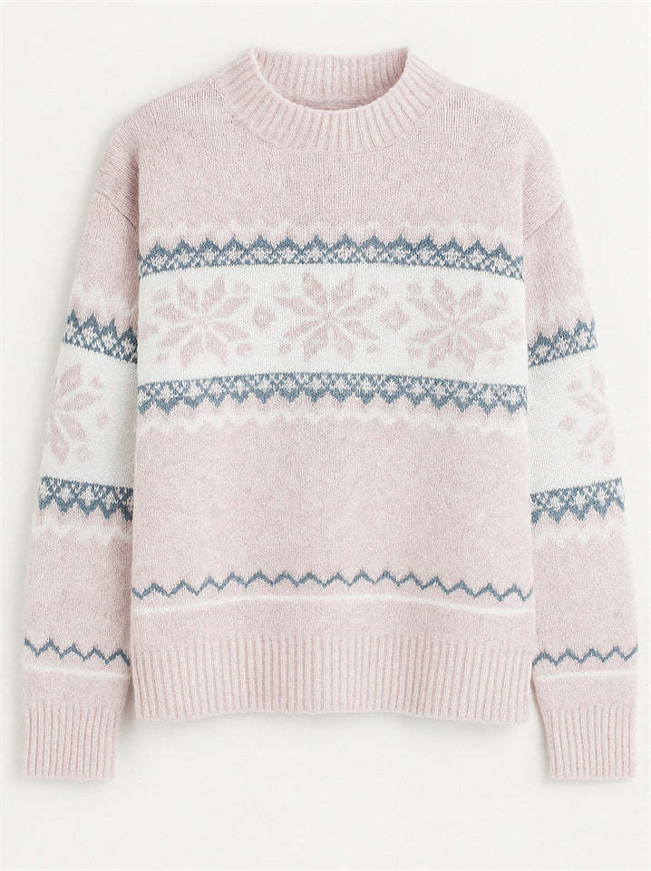 Autumn Casual Semi-high Neck Snowflakes Contrast Color Sweaters